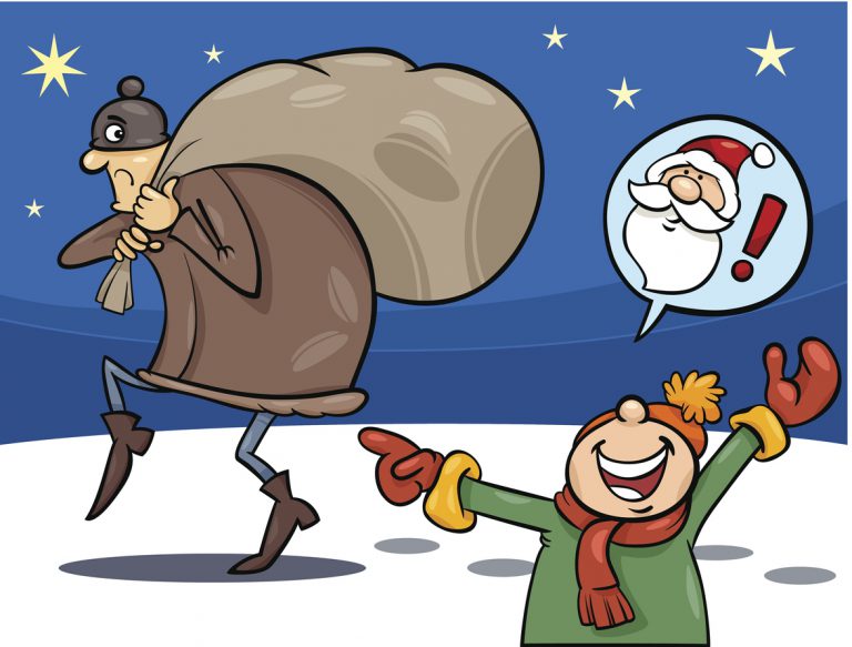 Cartoon Illustration of a little boy who mistook the thief was Santa Claus